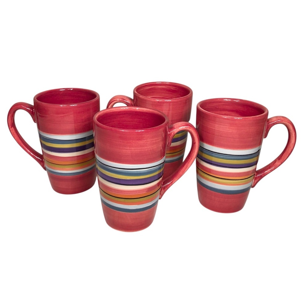 Tabletops Gallery Sedona Hand Painted Watercolor Ceramic Stripes Set of 4 Mugs
